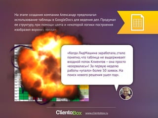 На этапе создания компании Александр предполагал 
использование таблицы в GoogleDocs для ведения дел. Продумал 
ее структуру, при помощи цвета и некоторой логики построения 
изобразил воронку продаж. 
«Когда ЛидМашина заработала, стало 
понятно, что таблица не выдерживает 
входной поток Клиентов – она просто 
«взорвалась»! За первую неделю 
работы «упало» более 50 заявок. На 
поиск нового решения ушел год». 
www.clientobox.ru 
 
