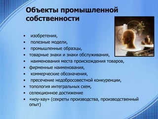 Объекты промышленной
собственности
•
•
•
•
•
•
•
•
•
•
•

изобретения,
полезные модели,
промышленные образцы,
товарные знаки и знаки обслуживания,
наименования места происхождения товаров,
фирменные наименования,
коммерческие обозначения,
пресечение недобросовестной конкуренции,
топология интегральных схем,
селекционное достижение
«ноу-хау» (секреты производства, производственный
опыт)

 