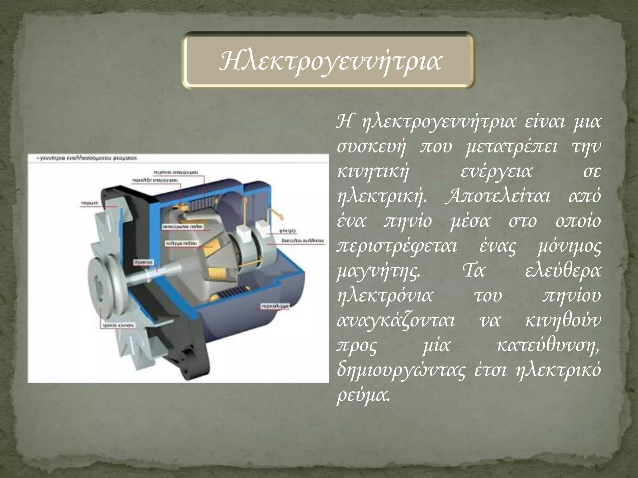 Ηλεκτρογεννήτρια
Η ηλεκτρογεννήτρια είναι μια
συσκευή που μετατρέπει την
κινητική
ενέργεια
σε
ηλεκτρική. Αποτελείται από
ένα πηνίο μέσα στο οποίο
περιστρέφεται ένας μόνιμος
μαγνήτης.
Τα
ελεύθερα
ηλεκτρόνια
του
πηνίου
αναγκάζονται να κινηθούν
προς
μία
κατεύθυνση,
δημιουργώντας έτσι ηλεκτρικό
ρεύμα.

 