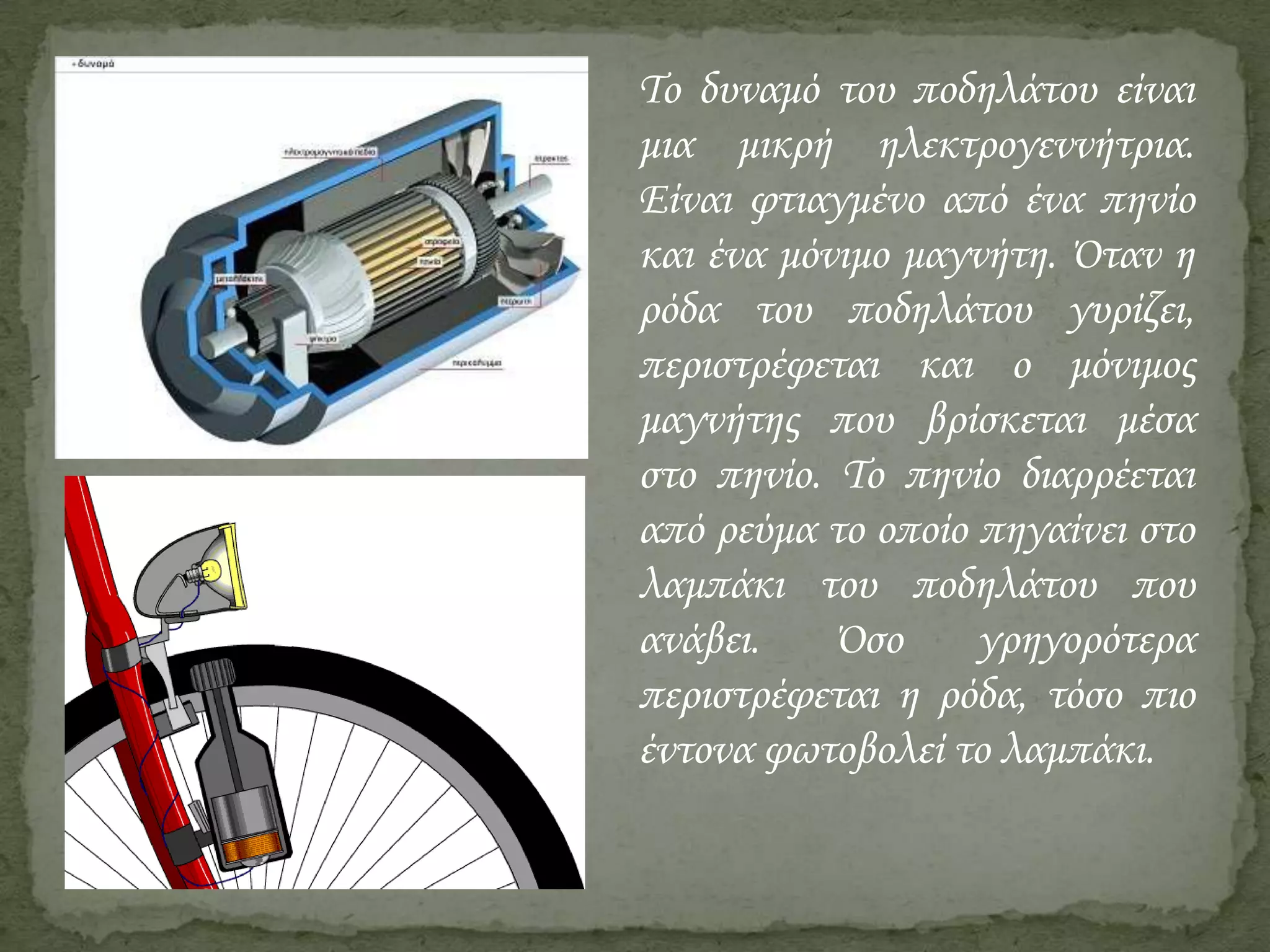 Το δυναμό του ποδηλάτου είναι
μια μικρή ηλεκτρογεννήτρια.
Είναι φτιαγμένο από ένα πηνίο
και ένα μόνιμο μαγνήτη. Όταν η
ρόδα του ποδηλάτου γυρίζει,
περιστρέφεται και ο μόνιμος
μαγνήτης που βρίσκεται μέσα
στο πηνίο. Το πηνίο διαρρέεται
από ρεύμα το οποίο πηγαίνει στο
λαμπάκι του ποδηλάτου που
ανάβει.
Όσο
γρηγορότερα
περιστρέφεται η ρόδα, τόσο πιο
έντονα φωτοβολεί το λαμπάκι.

 