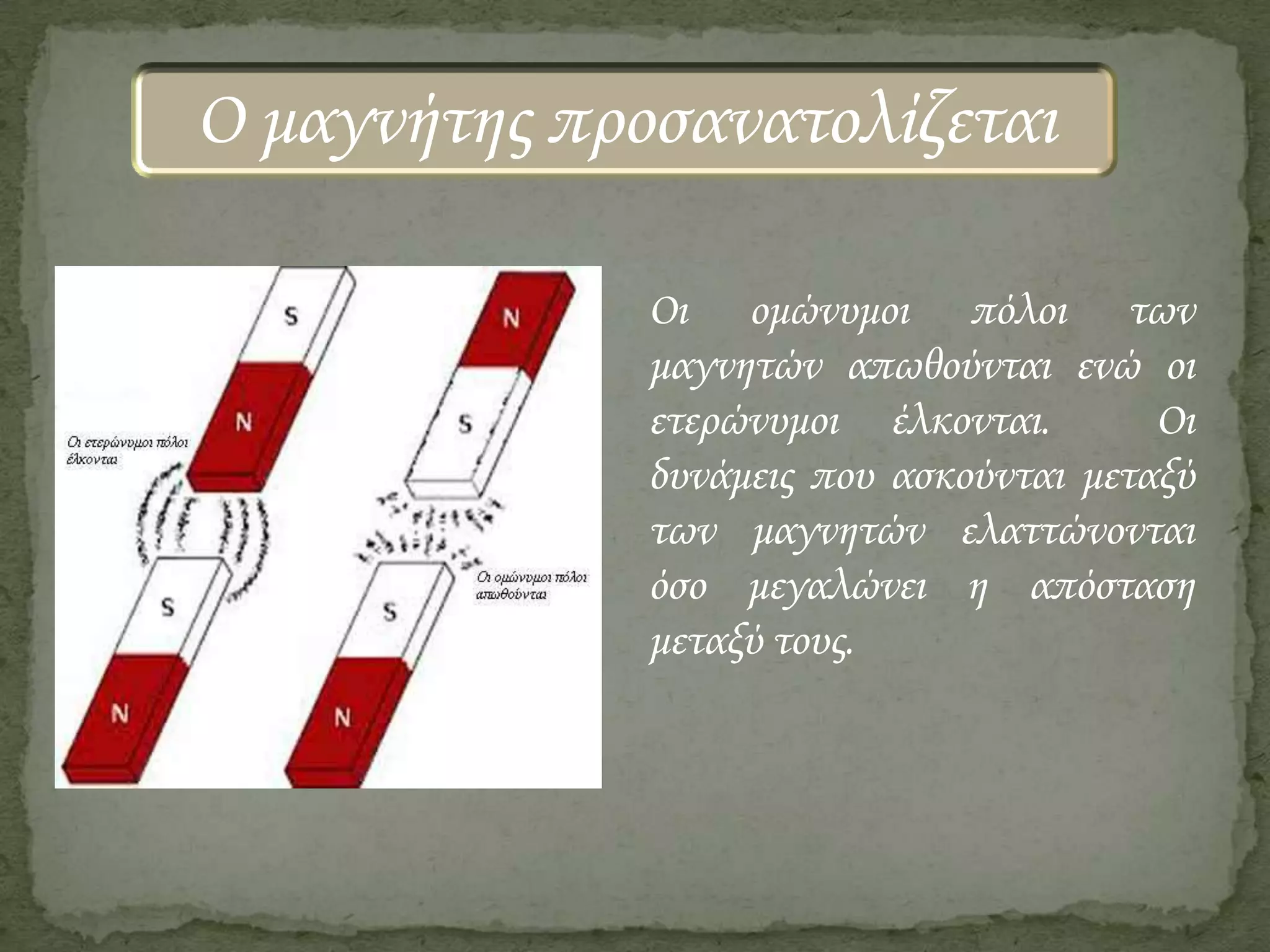 Ο μαγνήτης προσανατολίζεται
Οι ομώνυμοι πόλοι των
μαγνητών απωθούνται ενώ οι
ετερώνυμοι έλκονται.
Οι
δυνάμεις που ασκούνται μεταξύ
των μαγνητών ελαττώνονται
όσο μεγαλώνει η απόσταση
μεταξύ τους.

 