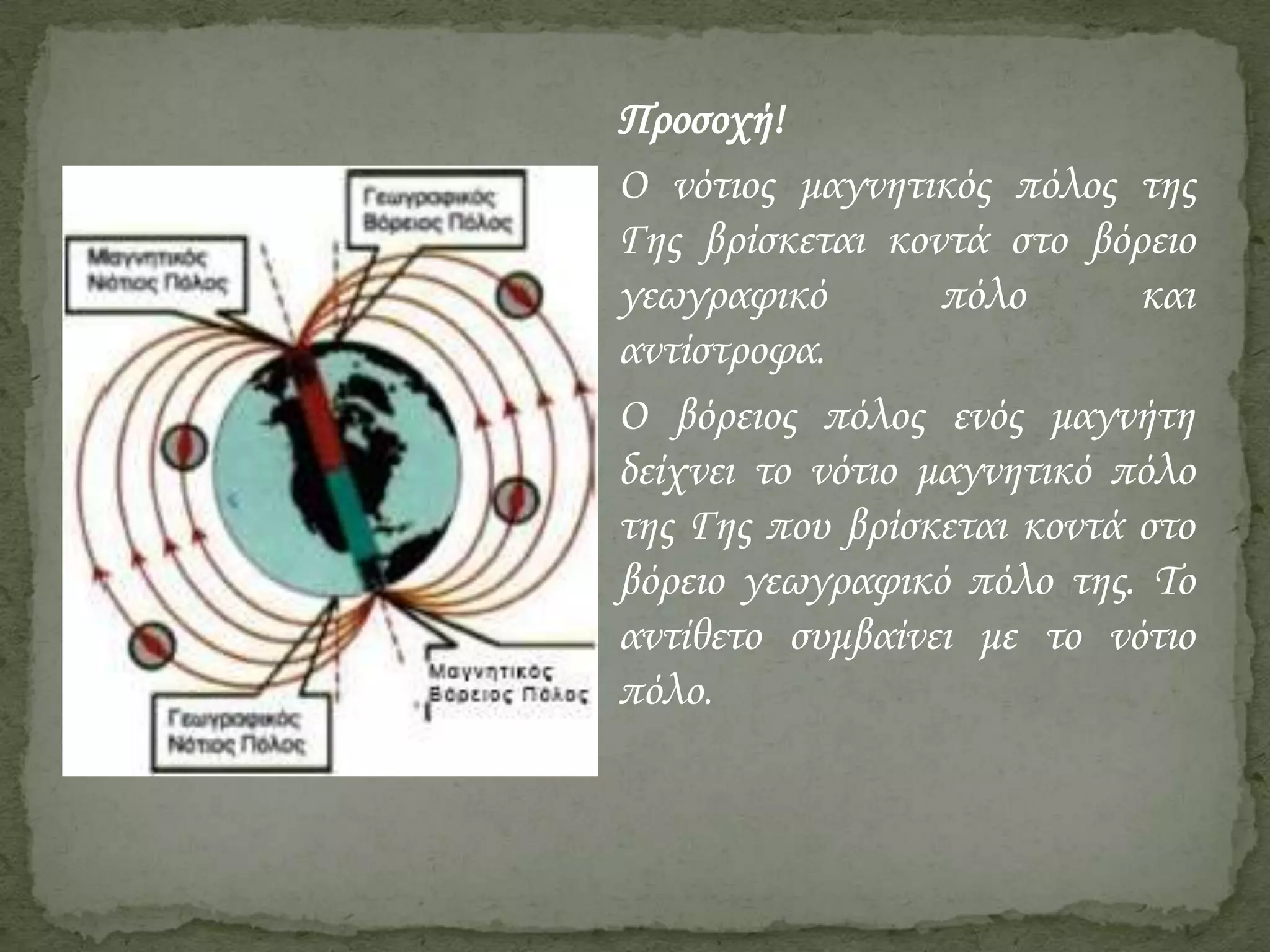 Προσοχή!
Ο νότιος μαγνητικός πόλος της
Γης βρίσκεται κοντά στο βόρειο
γεωγραφικό
πόλο
και
αντίστροφα.
Ο βόρειος πόλος ενός μαγνήτη
δείχνει το νότιο μαγνητικό πόλο
της Γης που βρίσκεται κοντά στο
βόρειο γεωγραφικό πόλο της. Το
αντίθετο συμβαίνει με το νότιο
πόλο.

 