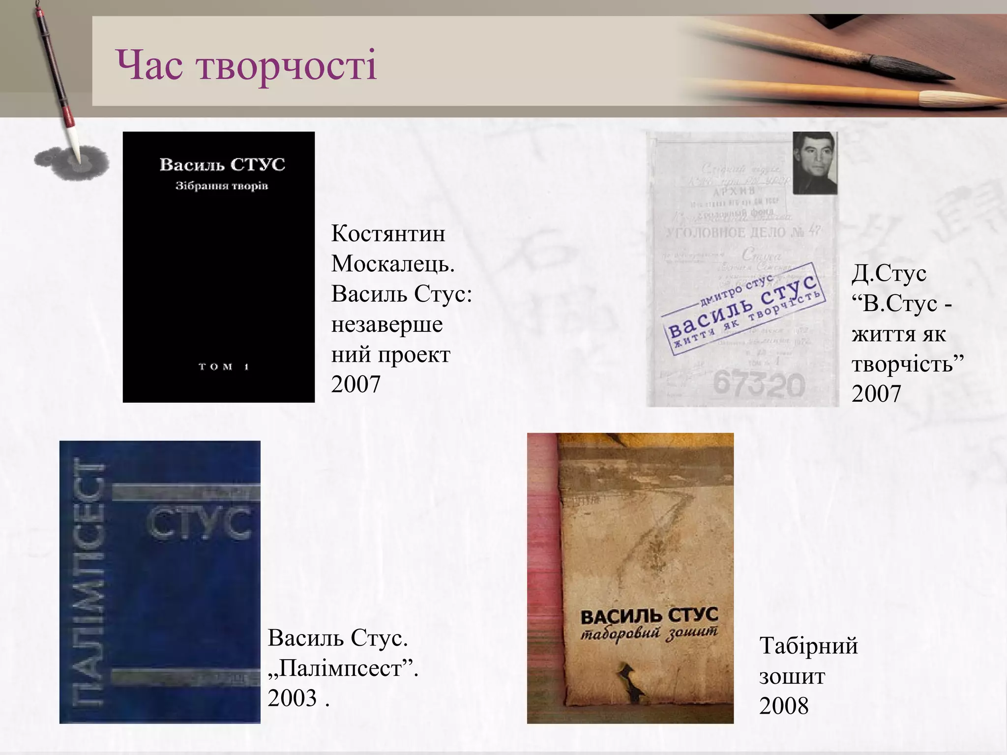 Час творчості

Костянтин
Москалець.
Василь Стус:
незаверше
ний проект
2007

Василь Стус.
„Палімпсест”.
2003 .

Д.Стус
“В.Стус життя як
творчість”
2007

Табірний
зошит
2008

 