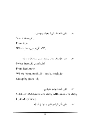 . ‫ﺗﻘﺮﻳﺮ ﺑﺎﻷﺻﻨﺎف اﻟﱵ ﰎ ﺑﻴﻌﻬﺎ ﺑﺘﺎرﻳﺦ ﻣﻌﲔ‬

.١٠

Select item_id,
From item
Where item_type_id ='1';
. ‫ﺗﻘﺮﻳﺮ ﺑﺎﻷﺻﻨﺎف اﳌﺘﻮﻓﺮﻩ ﺑﺎﳌﺨﺰن ﺣﺴﺐ اﳌﺨﺰن اﳌﻮﺟﻮدﻩ ﻓﻴﻪ‬

.١١

Select item_id ,stock_id
From item,stock
Where (item. stock_id = stock. stock_id)
Group by stock_id;
. ‫ﺗﻘﺮﻳﺮ ﺑﺄﺣﺪث وأﻗﺪم ﻓﺎﺗﻮرة ﺑﻴﻊ‬

.١٢

SELECT MAX(invoices_date), MIN(invoices_date)
FROM invoices;
. ‫ﺗﻘﺮﻳﺮ ﺑﻜﻞ اﳌﻮﻇﻔﲔ اﻟﺬﻳﻦ ﻳﻌﻤﻠﻮن ﰲ ﻛﻪ‬
‫اﻟﺸﺮ‬
28

.١٣

 