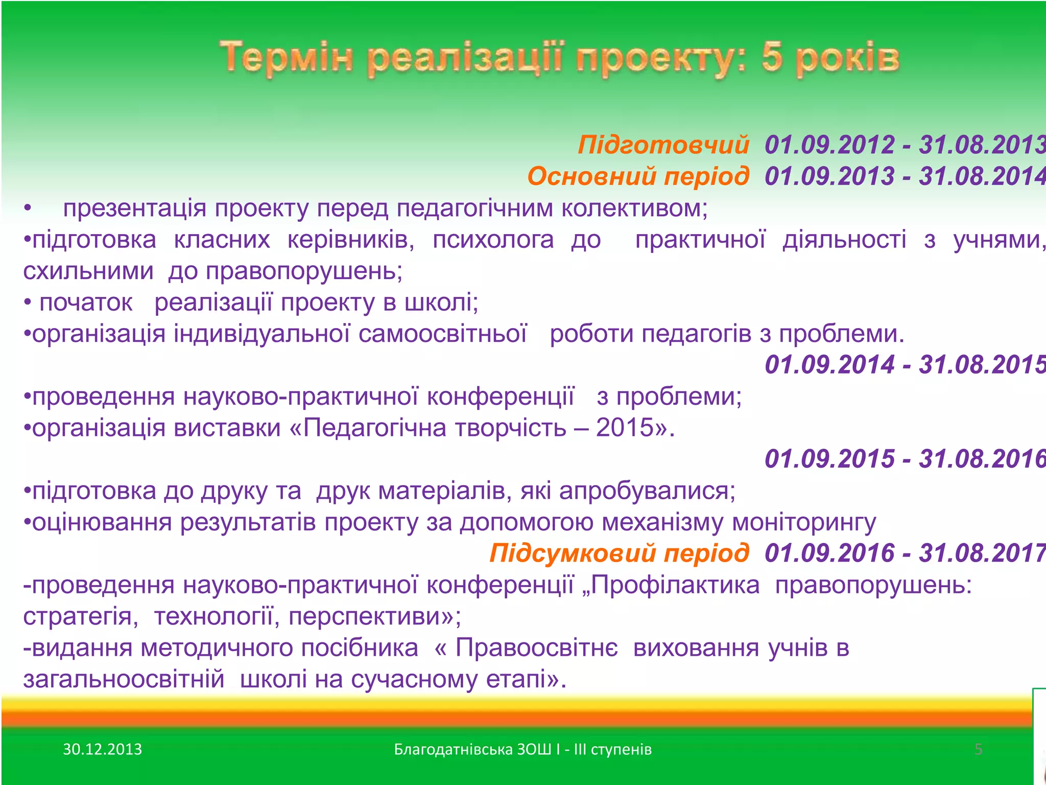 Підготовчий 01.09.2012 - 31.08.2013
Основний період 01.09.2013 - 31.08.2014
• презентація проекту перед педагогічним колективом;
•підготовка класних керівників, психолога до практичної діяльності з учнями,
схильними до правопорушень;
• початок реалізації проекту в школі;
•організація індивідуальної самоосвітньої роботи педагогів з проблеми.
01.09.2014 - 31.08.2015
•проведення науково-практичної конференції з проблеми;
•організація виставки «Педагогічна творчість – 2015».
01.09.2015 - 31.08.2016
•підготовка до друку та друк матеріалів, які апробувалися;
•оцінювання результатів проекту за допомогою механізму моніторингу
Підсумковий період 01.09.2016 - 31.08.2017
-проведення науково-практичної конференції „Профілактика правопорушень:
стратегія, технології, перспективи»;
-видання методичного посібника « Правоосвітнє виховання учнів в
загальноосвітній школі на сучасному етапі».
30.12.2013

Благодатнівська ЗОШ І - ІІІ ступенів

5

 