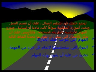 ‫لوضع خطتك قيد التنظيم الفعال ، عليك أن تقسم العمل‬
‫وتحدد الموارد المطلوبة سواءا كانت مادية أو إنسانية ، وتوزع‬
‫المهام الساسية بالطريقة الصحيحة ، وللتأسيس عليك ان‬
‫تفكر بالعمال التي ينبغي أن تقوم بها محددا النقاط التالية‬

‫‪ ‬المهام التي يتوجب عليك إنجازها .‬

‫‪ ‬المواد التي ستستعملها لتمام كل جزء من المهمة .‬
‫‪ ‬تحديد من عليه أن يقوم بهذه المهام‬

 