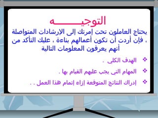 ‫التوجيــــــــه‬

‫يحتاج العاملون تحت إمرتك إلى الرجشادات المتواصلة‬
‫، فإن أردت أن تكون أعمالهم بناءة ، عليك التأكد من‬
‫أنهم يعرفون المعلومات التالية‬
‫‪ ‬الهدف الكلي .‬
‫‪ ‬المهام التي يجب عليهم القيام بها .‬
‫‪ ‬إدراك النتائج المتوقعة إزاء إتمام هذا العمل . .‬

 