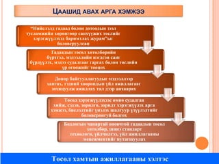 ЦААШИД АВАХ АРГА ХЭМЖЭЭ
“Нийслэлд гадаад болон дотоодын зээл
тусламжийн хөрөнгөөр санхүүжих төслийг
хэрэгжүүлэхэд баримтлах журам”ыг
боловсруулсан
Гадаадын төсөл хөтөлбөрийн
бүртгэл, мэдээллийн нэгдсэн санг
бүрдүүлэх, мэдээ судалгааг гаргах болон төслийн
үр өгөөжийг тооцох
Донор байгууллагуудыг мэдээллээр
хангах, тэдний хоорондын үйл ажиллагааг
зохицуулж ажиллах тал дээр анхаарах
Төсөл хэрэгжүүлэхээс өмнө судалгаа
хийж, сэдэв, зорилго, зорилт хэрэгжүүлэх арга
хэмжээ, биелэлтийг үнэлэх шалгуур үзүүлэлтийг
боловсронгуй болгох

Бодлогын чанартай оновчтой гадаадын төсөл
хөтөлбөр, шинэ стандарт
технологи, үйлчилгээ, үйл ажиллагааны
менежментийг нутагшуулах

Төсөл хамтын ажиллагааны хэлтэс

 