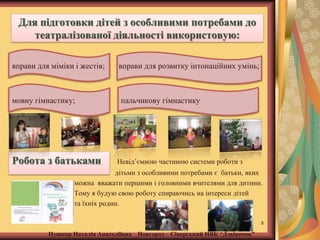 Для підготовки дітей з особливими потребами до
театралізованої діяльності використовую:
вправи для міміки і жестів;

вправи для розвитку інтонаційних умінь;

мовну гімнастику;

пальчикову гімнастику

Робота з батьками

Невід’ємною частиною системи роботи з

дітьми з особливими потребами є батьки, яких
можна вважати першими і головними вчителями для дитини.
Тому я будую свою роботу спираючись на інтереси дітей
та їхніх родин.
8

Пушкар Наталія Анатоліївна Новгород – Сіверський НВК “Дзвіночок”

 