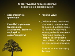 Типові труднощі процесу адаптації
до навчання в основній школі
• Характеристика
труднощів
• Емоційні порушення
(тривожність,
замкненість, боязкість,
нерішучість,
сором'язливість)

• Рекомендації
• Доброзичливе ставлення,
підтримка. Не викликати
до дошки. Відповідь лише
на невелику аудиторію.
Індивідуалізація навчання.
Підготовка рефератів.
Підтримка активності й
самостійності. Спілкування
без залякувань і покарань.
Батькам — консультація у
фахівців

 