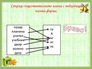 Свържи съществителните имена с подходяща
членна форма.

пазар
планина
учител
учебник
двор
колело
дете

FokinaLida.75@mail.ru

та
А
ът
ят
то

 