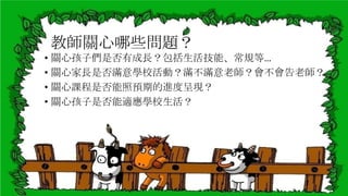 教師關心哪些問題？
• 關心孩子們是否有成長？包括生活技能、常規等…
• 關心家長是否滿意學校活動？滿不滿意老師？會不會告老師？
• 關心課程是否能照預期的進度呈現？
• 關心孩子是否能適應學校生活？

 