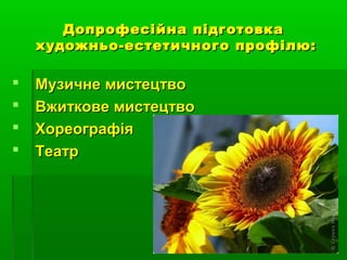 Допрофесійна підготовка
художньо-естетичного профілю:






Музичне мистецтво
Вжиткове мистецтво
Хореографія
Театр

 