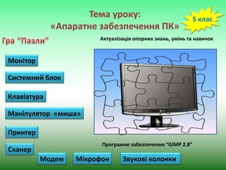 Тема уроку:
«Апаратне забезпечення ПК»

5 клас

Актуалізація опорних знань, умінь та навичок

Монітор
Cистемний блок

Клавіатура
Маніпулятор «миша»

Принтер
Програмне забезпечення “GIMP 2.8”

Сканер
Модем

Мікрофон

Звукові колонки

 