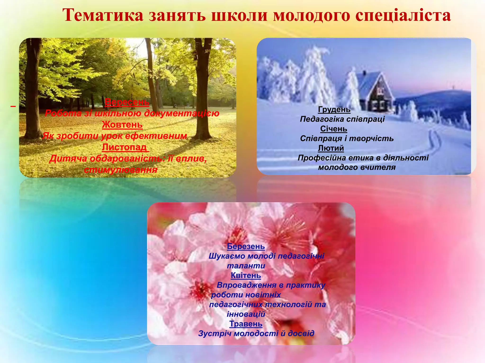 Тематика занять школи молодого спеціаліста

Вересень
Робота зі шкільною документацією
Жовтень
Як зробити урок ефективним
Листопад
Дитяча обдарованість: її вплив,
стимулювання

Грудень
Педагогіка співпраці
Січень
Співпраця і творчість
Лютий
Професійна етика в діяльності
молодого вчителя

Березень
Шукаємо молоді педагогічні
таланти
Квітень
Впровадження в практику
роботи новітніх
педагогічних технологій та
інновацій
Травень
Зустріч молодості й досвід

 