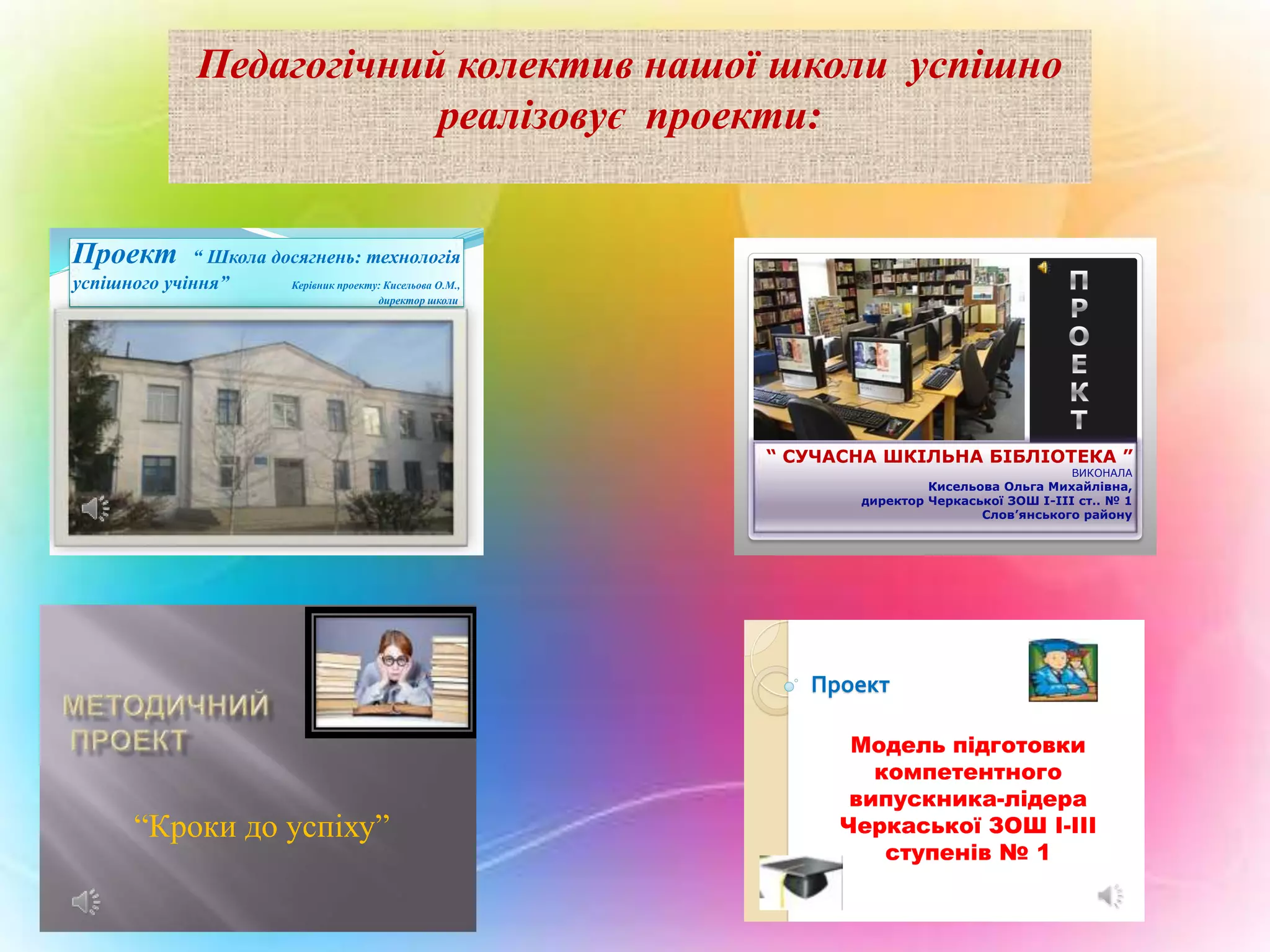 Педагогічний колектив нашої школи успішно
реалізовує проекти:
Проект

“ Школа досягнень: технологія
успішного учіння”
Керівник проекту: Кисельова О.М.,
директор школи

“ СУЧАСНА ШКІЛЬНА БІБЛІОТЕКА ”
ВИКОНАЛА

Кисельова Ольга Михайлівна,
директор Черкаської ЗОШ І-ІІІ ст.. № 1
Слов’янського району

Проект

“Кроки до успіху”

Модель підготовки
компетентного
випускника-лідера
Черкаської ЗОШ І-ІІІ
ступенів № 1

 