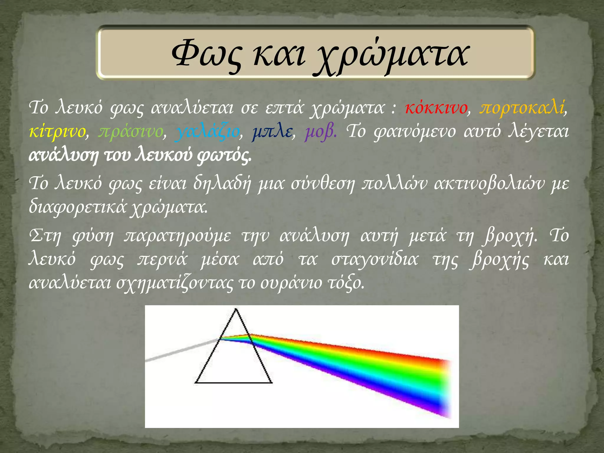 Φως και χρώματα
Το λευκό φως αναλύεται σε επτά χρώματα : κόκκινο, πορτοκαλί,
κίτρινο, πράσινο, γαλάζιο, μπλε, μοβ. Το φαινόμενο αυτό λέγεται
ανάλυση του λευκού φωτός.
Το λευκό φως είναι δηλαδή μια σύνθεση πολλών ακτινοβολιών με
διαφορετικά χρώματα.
Στη φύση παρατηρούμε την ανάλυση αυτή μετά τη βροχή. Το
λευκό φως περνά μέσα από τα σταγονίδια της βροχής και
αναλύεται σχηματίζοντας το ουράνιο τόξο.

 