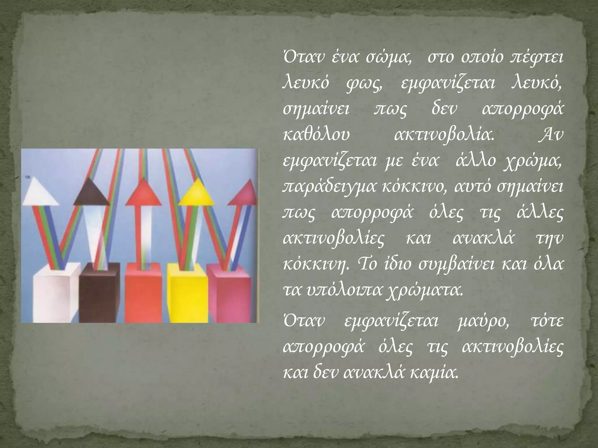 ΋ταν ένα σώμα, στο οποίο πέφτει
λευκό φως, εμφανίζεται λευκό,
σημαίνει πως δεν απορροφά
καθόλου
ακτινοβολία.
Αν
εμφανίζεται με ένα άλλο χρώμα,
παράδειγμα κόκκινο, αυτό σημαίνει
πως απορροφά όλες τις άλλες
ακτινοβολίες και ανακλά την
κόκκινη. Το ίδιο συμβαίνει και όλα
τα υπόλοιπα χρώματα.
΋ταν εμφανίζεται μαύρο, τότε
απορροφά όλες τις ακτινοβολίες
και δεν ανακλά καμία.

 