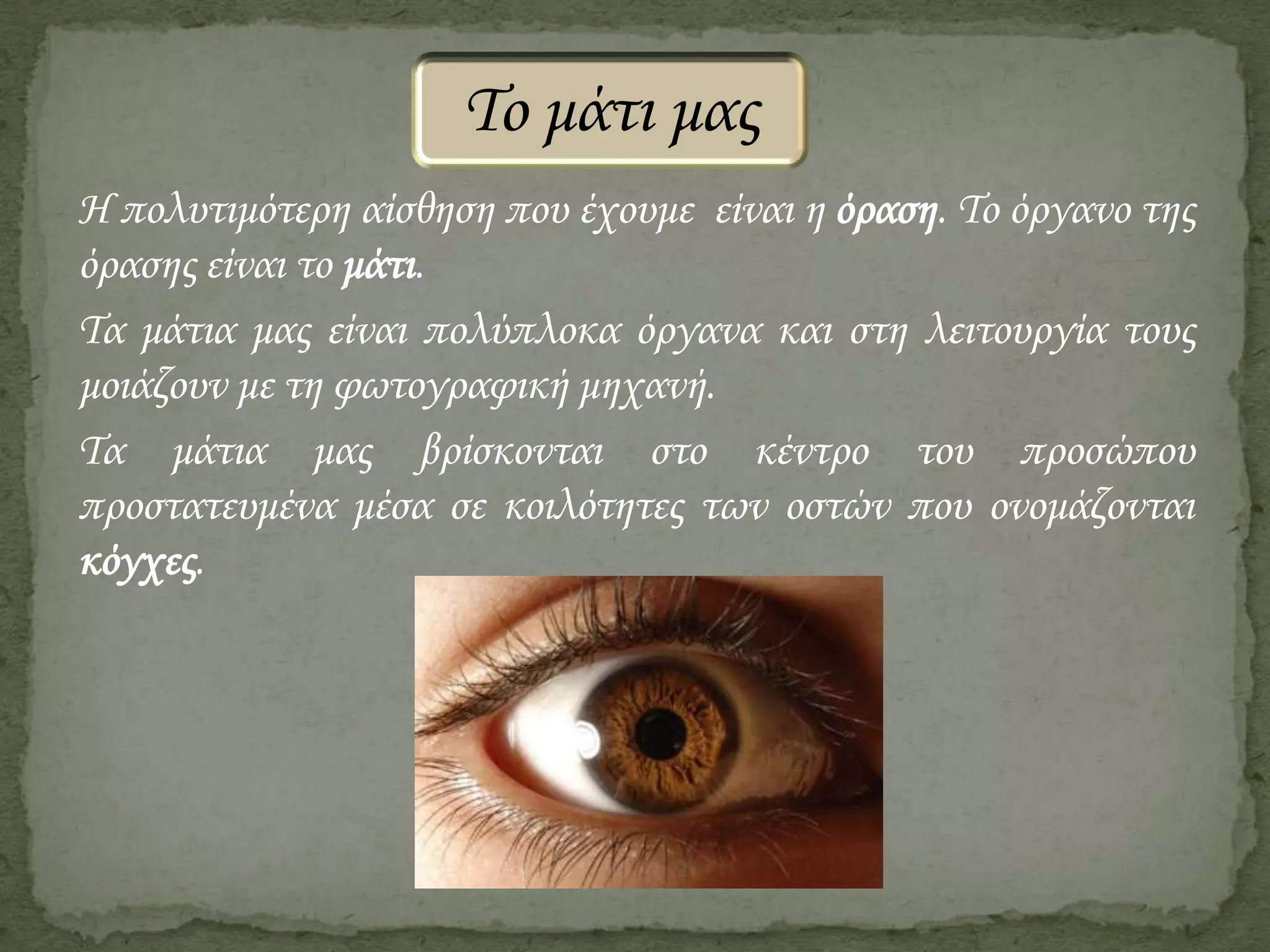 Το μάτι μας
Η πολυτιμότερη αίσθηση που έχουμε είναι η όραση. Το όργανο της
όρασης είναι το μάτι.
Τα μάτια μας είναι πολύπλοκα όργανα και στη λειτουργία τους
μοιάζουν με τη φωτογραφική μηχανή.
Τα μάτια μας βρίσκονται στο κέντρο του προσώπου
προστατευμένα μέσα σε κοιλότητες των οστών που ονομάζονται
κόγχες.

 