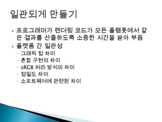 



프로그래머가 렌더링 코드가 모든 플램폿에서 같
은 결과를 산출하도록 소중한 시간을 쏟아 부음
플랫폼 간 일관성
◦
◦
◦
◦
◦

그래픽 칩 차이
혼합 구현의 차이
sRGB 처리 방식의 차이
정밀도 차이
소프트웨어에 관련된 차이

 