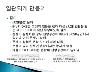 

감마
◦ sRGB혼합 문제
◦ IHV의 DX9급 그래픽 칩들은 렌더 대상 sRGB 변환을 단
편 세이더 이후에 직접 수행하도록 설계
◦ 혼합이 활성화된 경우 선형공간이 아니라 sRGB공간에서
일어나 여러 문제가 발생
◦ 문제의 성격은 혼합 모드에 따라 다름
◦ 보통의 알파 반투면 혼합에서는 문제가 없음
◦ 다행이 DX10에서는 혼합이 선형공간에서 일어남

입력 단편 0.3 렌더 대상 0.7 입력 알파가 0.5
sRGB 공간에서의 혼합 결과

입력 단편 0.3 렌더 대상 0.3
sRGB 공간에서의 가산 혼합 결과

 