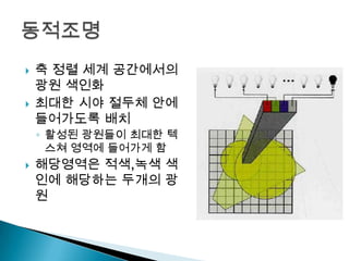 



축 정렬 세계 공간에서의
광원 색인화
최대한 시야 절두체 안에
들어가도록 배치
◦ 활성된 광원들이 최대한 텍
스쳐 영역에 들어가게 함



해당영역은 적색,녹색 색
인에 해당하는 두개의 광
원

 