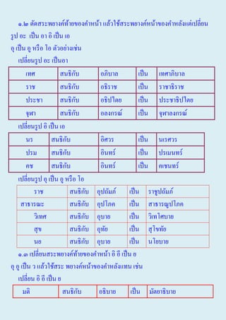 ๑.๒ ตัดสระพยางค์ทายของคําหน้า แล้วใช้สระพยางค์หน้าของคําหลังแต่เปลี่ยน
้
รู ป อะ เป็ น อา อิ เป็ น เอ
อุ เป็ น อู หรื อ โอ ตัวอย่างเช่น
เปลี่ยนรู ป อะ เป็ นอา
ั
เทศ
สนธิกบ
อภิบาล
เป็ น เทศาภิบาล
ั
ราช
สนธิกบ
อธิราช
เป็ น ราชาธิราช
ั
ประชา
สนธิกบ
อธิปไตย
เป็ น ประชาธิปไตย
ั
จุฬา
สนธิกบ
อลงกรณ์
เป็ น จุฬาลงกรณ์
เปลี่ยนรู ป อิ เป็ น เอ
ั
นร
สนธิกบ
อิศวร
เป็ น นเรศวร
ั
ปรม
สนธิกบ
อินทร์
เป็ น ปรเมนทร์
ั
คช
สนธิกบ
อินทร์
เป็ น คเชนทร์
เปลี่ยนรู ป อุ เป็ น อู หรื อ โอ
ั
ราช
สนธิกบ อุปถัมภ์ เป็ น ราชูปถัมภ์
ั
สาธารณะ
สนธิกบ อุปโภค
เป็ น สาธารณูปโภค
ั
วิเทศ
สนธิกบ อุบาย
เป็ น วิเทโศบาย
ั
สุ ข
สนธิกบ อุทย
ั
เป็ น สุ โขทัย
ั
นย
สนธิกบ อุบาย
เป็ น นโยบาย
๑.๓ เปลี่ยนสระพยางค์ทายของคําหน้า อิ อี เป็ น ย
้
อุ อู เป็ น ว แล้วใช้สระ พยางค์หน้าของคําหลังแทน เช่น
เปลี่ยน อิ อี เป็ น ย
ั
มติ
สนธิกบ
อธิบาย
เป็ น มัตยาธิบาย

 