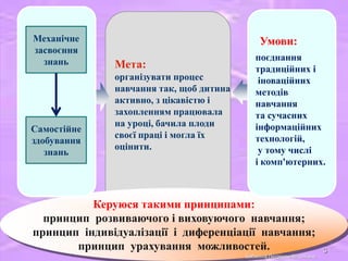 Механічне
засвоєння
знань

Самостійне
здобування
знань

Умови:
Мета:
організувати процес
навчання так, щоб дитина
активно, з цікавістю і
захопленням працювала
на уроці, бачила плоди
своєї праці і могла їх
оцінити.

поєднання
традиційних і
іноваційних
методів
навчання
та сучасних
інформаційних
технологій,
у тому числі
і комп'ютерних.

Керуюся такими принципами:
принцип розвиваючого і виховуючого навчання;
принцип індивідуалізації і диференціації навчання;
принцип урахування можливостей.
Бабиніна Людмила Віталіївна

3

 