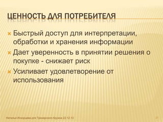 ЦЕННОСТЬ ДЛЯ ПОТРЕБИТЕЛЯ
Быстрый доступ для интерпретации,
обработки и хранения информации
 Дает уверенность в принятии решения о
покупке - снижает риск
 Усиливает удовлетворение от
использования


Наталья Искорцева для Тренерского Кружка 22.12.13

21

 