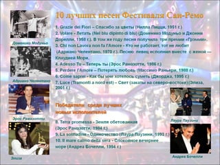 Доменико Модуньо

Адриано Челентано

Эрос Рамазотти

Элиза

Лаура Паузини

Андреа Бочелли

 