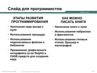 Слайд для программистов
ЭТАПЫ РАЗВИТИЯ
ПРОГРАММИРОВАНИЯ
•  Написание кода всегда с
нуля

КАК МОЖНО
ПИСАТЬ КНИГИ
•  Написание книги с нуля

•  Использование процедур

•  Использование набросков
и фрагментов

•  Использование
подключаемых файлов и
библиотек

•  Использование готовых
статей, брошюр и
монографий

•  Применение графического
интерфейса (а-ля Delphi) и
CASE-средств для создания
кода

Partner_Summit_Lukatsky

© 2005 Cisco Systems, Inc. All rights reserved.

41/30

 
