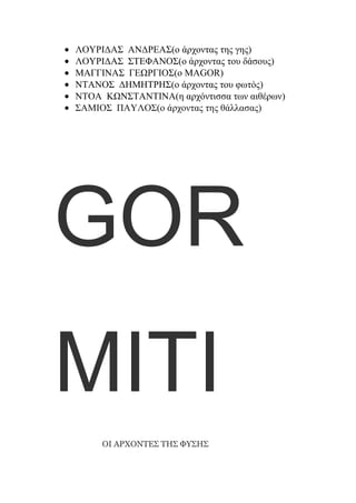 ΛΟΤΡΙΓΑ΢ ΑΝΓΡΔΑ΢(ν άξρνληαο ηεο γεο)
ΛΟΤΡΙΓΑ΢ ΢ΣΔΦΑΝΟ΢(ν άξρνληαο ηνπ δάζνπο)
ΜΑΓΓΙΝΑ΢ ΓΔΩΡΓΙΟ΢(ν MAGOR)
ΝΣΑΝΟ΢ ΓΗΜΗΣΡΗ΢(o άξρνληαο ηνπ θσηφο)
ΝΣΟΑ ΚΩΝ΢ΣΑΝΣΙΝΑ(ε αξρφληηζζα ησλ αηζέξσλ)
΢ΑΜΙΟ΢ ΠΑΤΛΟ΢(ν άξρνληαο ηεο ζάιιαζαο)

GOR
MITI
ΟΙ ΑΡΦΟΝΤΕΣ ΤΗΣ ΦΥΣΗΣ

 