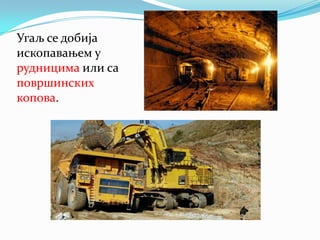 Угаљ се добија
ископавањем у
рудницима или са
површинских
копова.

 