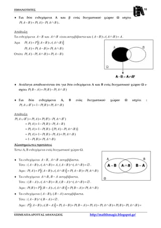 ΠΙΘΑΝΟΤΗΤΕΣ
ΕΠΙΜΕΛΕΙΑ:ΔΡΟΥΓΑΣ ΑΘΑΝΑΣΙΟΣ http://mathhmagic.blogspot.gr/
10
♦ Για δύο ενδεχόμενα Α και β ενός δειγματικού χώρου Ω ισχύει
( ) ( ) ( )P A B P A P A B− = − ∩ .
Απόδειξη
Τα ενδεχόμενα A B− και A B∩ είναι ασυμβίβαστα και ( ) ( )A B A B A− ∪ ∩ = .
Άρα [ ]( ) ( ) ( )P A P A B A B= − ∪ ∩
( ) ( ) ( )P A P A B P A B= − + ∩
Οπότε ( ) ( ) ( )P A P A B P A B− ∩ = −
♦ Ανάλογα αποδεικνύεται ότι για δύο ενδεχόμενα Α και Β ενός δειγματικού χώρου Ω ι-
σχύει ( ) ( ) ( )P B A P B P A B− = − ∩
♦ Για δύο ενδεχόμενα Α, Β ενός δειγματικού χώρου Ω ισχύει :
( ) 1 ( ) ( )P A B P B P A B′∪ = − + ∩
Απόδειξη
( )
( ) ( ) ( ') ( )
( ) 1 ( ) ( )
( ) 1 ( ) ( ) ( )
( ) 1 ( ) ( ) ( )
1 ( ) ( )
P A B P A P B P A B
P A P B P A B
P A P B P A P A B
P A P B P A P A B
P B P A B
′ ′∪ = + − ∩
= + − − −
= + − − − ∩
= + − − + ∩
= − + ∩
Αξιοσημείωτες προτάσεις
Έστω Α, Β ενδεχόμενα ενός δειγματικού χώρου Ω.
♦ Τα ενδεχόμενα A B− , A B∩ ασυμβίβαστα.
Τότε : ( ) ( ) , ( ) ( )A B A B A A B A B− ∪ ∩ = − ∩ ∩ = ∅ .
Άρα : [ ]( ) ( ) ( ) ( ) ( )P A P A B A B P A B P A B= − ∪ ∩ = − + ∩
♦ Τα ενδεχόμενα ,A B B A∩ − ασυμβίβαστα.
Τότε : ( ) ( ) , ( ) ( )B A A B B B A A B− ∪ ∩ = − ∩ ∩ = ∅ .
Άρα : [ ]( ) ( ) ( ) ( ) ( )P B P B A A B P B A P A B= − ∪ ∩ = − + ∩
♦ Τα ενδεχόμενα ( ), ( )A B B A− − ασυμβίβαστα.
Τότε : ( ) ( )A B B A− ∩ − = ∅ .
Άρα : [ ]( ) ( ) ( ) ( ) ( ) ( ) ( ) ( )P A B B A P A B P B A P A P A B P B P A B− ∪ − = − + − = − ∩ + − ∩ =
A B
Ω
A B−−−− B A−−−−A B∩∩∩∩
 