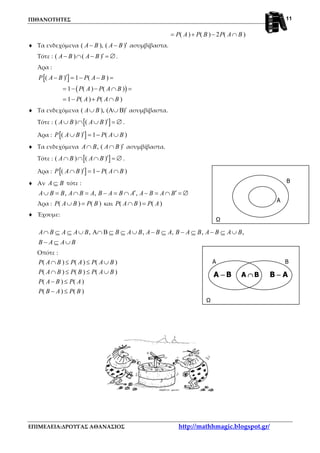 ΠΙΘΑΝΟΤΗΤΕΣ
ΕΠΙΜΕΛΕΙΑ:ΔΡΟΥΓΑΣ ΑΘΑΝΑΣΙΟΣ http://mathhmagic.blogspot.gr/
11
Α
Ω
Β
A B
Ω
A B−−−− B A−−−−A B∩∩∩∩
( ) ( ) 2 ( )P A P B P A B= + − ∩
♦ Τα ενδεχόμενα ( ), ( )A B A B ′− − ασυμβίβαστα.
Τότε : ( ) ( )A B A B ′− ∩ − = ∅.
Άρα :
[ ]
( )
( ) 1 ( )
1 ( ) ( )
1 ( ) ( )
P A B P A B
P A P A B
P A P A B
′− = − − =
= − − ∩ =
= − + ∩
♦ Τα ενδεχόμενα ( ), (A B)A B ′∪ ∪ ασυμβίβαστα.
Τότε : [ ]( ) ( )A B A B ′∪ ∩ ∪ = ∅ .
Άρα : [ ]( ) 1 ( )P A B P A B′∪ = − ∪
♦ Τα ενδεχόμενα , ( )A B A B ′∩ ∩ ασυμβίβαστα.
Τότε : [ ]( ) ( )A B A B ′∩ ∩ ∩ = ∅ .
Άρα : [ ]( ) 1 ( )P A B P A B′∩ = − ∩
♦ Αν A B⊆ τότε :
, , ,A B B A B A B A B A A B A B′ ′∪ = ∩ = − = ∩ − = ∩ = ∅
Άρα : ( ) ( )P A B P B∪ = και ( ) ( )P A B P A∩ =
♦ Έχουμε:
, A B , , , ,A B A A B B A B A B A B A B A B A B∩ ⊆ ⊆ ∪ ∩ ⊆ ⊆ ∪ − ⊆ − ⊆ − ⊆ ∪
B A A B− ⊆ ∪
Οπότε :
( ) ( ) ( )
( ) ( ) ( )
( ) ( )
( ) ( )
P A B P A P A B
P A B P B P A B
P A B P A
P B A P B
∩ ≤ ≤ ∪
∩ ≤ ≤ ∪
− ≤
− ≤
 