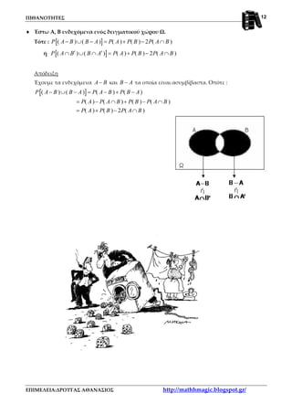 ΠΙΘΑΝΟΤΗΤΕΣ
ΕΠΙΜΕΛΕΙΑ:ΔΡΟΥΓΑΣ ΑΘΑΝΑΣΙΟΣ http://mathhmagic.blogspot.gr/
12
♦ Έστω Α, Β ενδεχόμενα ενός δειγματικού χώρου Ω.
Τότε : [ ]( ) ( ) ( ) ( ) 2 ( )P A B B A P A P B P A B− ∪ − = + − ∩
ή [ ]( ) ( ) ( ) ( ) 2 ( )P A B B A P A P B P A B′ ′∩ ∪ ∩ = + − ∩
Απόδειξη
Έχουμε τα ενδεχόμενα A B− και B A− τα οποία είναι ασυμβίβαστα. Οπότε :
[ ]( ) ( ) ( ) ( )
( ) ( ) ( ) ( )
( ) ( ) 2 ( )
P A B B A P A B P B A
P A P A B P B P A B
P A P B P A B
− ∪ − = − + −
= − ∩ + − ∩
= + − ∩
 
