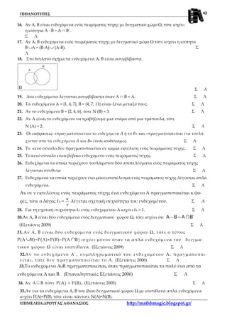 ΠΙΘΑΝΟΤΗΤΕΣ
ΕΠΙΜΕΛΕΙΑ:ΔΡΟΥΓΑΣ ΑΘΑΝΑΣΙΟΣ http://mathhmagic.blogspot.gr/
42
16. Αν Α, Β είναι ενδεχόμενα ενός πειράματος τύχης με δειγματικό χώρο Ω, τότε ισχύει
η ισότητα Α - Β = Α ∩ Β΄.
Σ Λ
17. Αν Α, Β ενδεχόμενα ενός πειράματος τύχης με δειγματικό χώρο Ω τότε ισχύει η ισότητα
Β ∪Α = (Β-Α) ∪ (Α-Β). Σ
Λ
18. Στο διπλανό σχήμα τα ενδεχόμενα Α, Β είναι ασυμβίβαστα.
Ω
A
B
Σ Λ
19. Δύο ενδεχόμενα λέγονται ασυμβίβαστα όταν Α ∩ Β = Α. Σ Λ
20. Τα ενδεχόμενα Α = {1, 4, 7}, Β = {4, 7, 11} είναι ξένα μεταξύ τους. Σ Λ
21. Αν το ενδεχόμενο Β = {2, 4, 6}, τότε Ν (Β) = 3. Σ Λ
22. Αν Α είναι το ενδεχόμενο να τραβήξουμε μια ντάμα από μια τράπουλα, τότε
Ν (Α) = 2. Σ Λ
23. Οι εκφράσεις: «πραγματοποιείται το ενδεχόμενο Α ή το Β» και «πραγματοποιείται ένα τουλά-
χιστον από τα ενδεχόμενα Α και Β» είναι ισοδύναμες. Σ Λ
24. Το κενό σύνολο δεν πραγματοποιείται σε καμία εκτέλεση ενός πειράματος τύχης. Σ Λ
25. Το κενό σύνολο είναι βέβαιο ενδεχόμενο ενός πειράματος τύχης. Σ Λ
26. Ενδεχόμενα τα οποία περιέχουν τουλάχιστον δύο αποτελέσματα ενός πειράματος τύχης
λέγονται σύνθετα Σ Λ
27. Ενδεχόμενα τα οποία περιέχουν ένα μόνο αποτέλεσμα ενός πειράματος τύχης λέγονται απλά
ενδεχόμενα. Σ Λ
Αν σε ν εκτελέσεις ενός πειράματος τύχης ένα ενδεχόμενο Α πραγματοποιείται κ φο-
ρές, τότε ο λόγος fA =
ν
κ
λέγεται σχετική συχνότητα του ενδεχομένου. Σ Λ
28. Για τη σχετική συχνότητα fA ενός ενδεχομένου Α ισχύει fA > 1. Σ Λ
30.Aν Α, Β είναι δύο ενδεχόμενα ενός δειγματικού χώρου Ω, τότε ισχύει ότι BABA ′=− ∩
(Εξετάσεις 2009) Σ Λ
31. Αν Α, Β είναι δύο ενδεχόμενα ενός δειγματικού χώρου Ω, τότε ο τύπος
Ρ(Α ∪Β)=Ρ(Α)+Ρ(Β)–Ρ(Α ∩Β) ισχύει μόνον όταν τα απλά ενδεχόμενα του δειγμα-
τικού χώρου Ω είναι ισοπίθανα. (Εξετάσεις 2009) Σ Λ
32.Αν το ενδεχόμενο Α΄, συμπληρωματικό του ενδεχομένου Α, πραγματοποι-
είται, τότε δεν πραγματοποιείται το Α. (Εξετάσεις 2006) Σ Λ
33.Το ενδεχόμενο Α∪Β πραγματοποιείται, όταν πραγματοποιείται το πολύ ένα από τα
ενδεχόμενα Α και Β. (Επαναληπτικές Εξετάσεις 2006) Σ Λ
34. Αν Α⊆Β τότε P(A) > P(B). (Εξετάσεις 2005) Σ Λ
35.Αν για τα ενδεχόμενα Α, Β του ίδιου δειγματικού χώρου Ω με ισοπίθανα απλά ενδεχόμενα
ισχύει Ρ(Α)=Ρ(Β), τότε είναι πάντοτε Ν(Α)=Ν(Β).
 