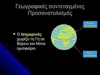 Γεωγραφικές συντεταγμένες
Ποσανατολισμός
Βόρειο
ημισφαίριο

Ο

Ισημερινός
χωρίζει τη Γη σε
Βόρειο και Νότιο
ημισφαίριο
Νότιο
ημισφαίριο

 