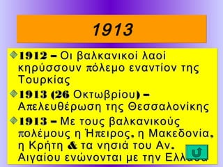 1913
1912 – Οι βαλκανικοί λαοί
κηρύσσουν πόλεμο εναντίον της
Τουρκίας
1913 (26 Οκτωβρίου ) –
Α πελευθέρωση της Θεσσαλονίκης
1913 – Με τους βαλκανικούς
πολέμους η Ή πειρος , η Μακεδονία ,
η Κρήτη & τα νησιά του Αν .
Αιγαίου ενώνονται με την Ελλάδα

 
