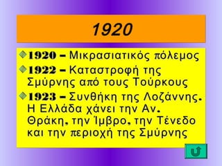 1920
1920 – Μικρασιατικός πόλεμος
1922 – Καταστροφή της
Σμύρνης α πό τους Τούρκους
1923 – Συνθήκη της Λοζάννης .
Η Ελλάδα χάνει την Αν .
Θράκη , την Ίμβρο , την Τένεδο
και την περιοχή της Σμύρνης

 