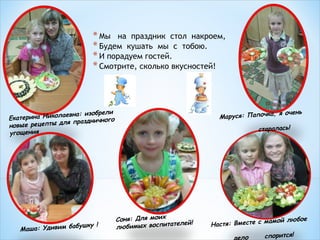 * Мы  на  праздник  стол  накроем,
* Будем  кушать  мы  с  тобою.
* И порадуем гостей.
* Смотрите, сколько вкусностей!

, я очень
Маруся: Папочка

аевна: изобрели
Екатерина Никол
я праздничного
новые рецепты дл
угощения

бушку !
Маша: Удивим ба

старалась!

Соня: Для моих
телей!
любимых воспита

мамой любое
Настя: Вместе с
ло

спорится!

 