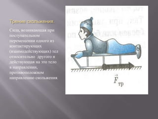 Трение скольжения.
Сила, возникающая при
поступательном
перемещении одного из
контактирующих
(взаимодействующих) тел
относительно другого и
действующая на это тело
в направлении,
противоположном
направлению скольжения.

 