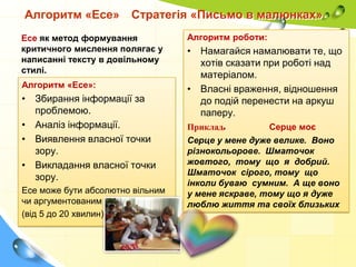Алгоритм «Есе»

Стратегія «Письмо в малюнках»

Есе як метод формування
критичного мислення полягає у
написанні тексту в довільному
стилі.

Алгоритм «Есе»:

• Збирання інформації за
проблемою.
• Аналіз інформації.
• Виявлення власної точки
зору.
• Викладання власної точки
зору.
Есе може бути абсолютно вільним
чи аргументованим
(від 5 до 20 хвилин).

Алгоритм роботи:

• Намагайся намалювати те, що
хотів сказати при роботі над
матеріалом.
• Власні враження, відношення
до подій перенести на аркуш
паперу.
Приклад.
Серце моє
Серце у мене дуже велике. Воно
різнокольорове. Шматочок
жовтого, тому що я добрий.
Шматочок сірого, тому що
інколи буваю сумним. А ще воно
у мене яскраве, тому що я дуже
люблю життя та своїх близьких

 