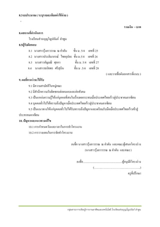 8.3งบประมาณ ( ระบุรายละเอียดค่ าใช้ จ่าย )
รวมเงิน - บาท
8.4สถานที่ดาเนินการ
โรงเรี ยนส่วนบุญโญปถัมภ์ ลาพูน
8.5ผู้รับผิดชอบ
8.1 นางสาวรุ ้งลาวรรณ ณ คาตัน
8.2 นางสาวประติมาภรณ์ ไชยอุปละ
8.3 นางสาวอัญมณี ศุภกา
8.4 นางสาวธนัชพร ศรี สุบิน

ชั้น ม. 5/4
ชั้น ม.5/4
ชั้น ม. 5/4
ชั้น ม .5/4

เลขที่ 25
เลขที่ 26
เลขที่ 27
เลขที่ 28
( และรายชื่อดังเอกสารที่แนบ )

9. ผลที่คาดว่ าจะได้รับ
9.1 มีความสามัคคีในหมู่คณะ
9.2 มีสานึกความรับผิดชอบต่อตนเองและต่อสังคม
9.3 เป็ นแหล่งความรู ้ให้แก่บุคคลที่สนในเรื่ องผลกระทบเมื่อประเทศไทยก ้าวสู่ประชาคมอา๶ซียน
9.4 บุคคลทัวไปได้ทราบถึงปั ญหาเมื่อประเทศไทยก ้าวสู่ประชาคมอา๶ซียน
่
9.5 เป็ นแนวทางให้แก่บุคคลทัวไปได้รับทราบถึงปั ญหาและเตรี ยมรับมือเมื่อประเทศไทยก ้าวเข้าสู่
่
ประชาคมอา๶ซียน
10. ปัญหาและแนวทางแก้ ไข
10.1 การกาหนดวันและเวลาในการทาโครงงาน
10.2 การวางแผนในการจัดทาโครงงาน
ลงชื่อ นางสาวรุ ้งลาวรรณ ณ คาตัน และคณะผูเ้ สนอโครงร่ าง
(นางสาวรุ ้งลาวรรณ ณ คาตัน และคณะ)
ลงชื่อ.......................................................ผูอนุมติโครงร่ าง
้ ั
(….…..…………………..…..…………..)
ครู ที่ปรึ กษา

กลุ่มสาระการเรียนรู้การงานอาชีพและเทคโนโลยี โรงเรียนส่วนบุญโญปถัมภ์ ลาพูน

 