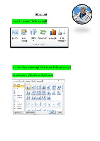 สร้ างกราฟ
1.บนแท็บ แทรก ให้ คลิก แผนภูมิ

2.ในกล่องโต้ตอบ แทรกแผนภูมิ ให้คลิกที่ลูกศรเพื่อเลื่อนดูชนิดแผนภูมิ
เลือกชนิดของแผนภูมิที่คุณต้องการแล้วคลิก ตกลง

 