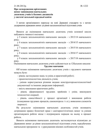 21.08.2013р.
Про затвердження орієнтовних
вимог оцінювання навчальних
досягнень учнів із базових дисциплін
у системі загальної середньої освіти

№ 1222

З метою організованого переходу на нові Державні стандарти та з метою
додержання державних вимог до рівня загальноосвітньої підготовки учнів
Вимоги до оцінювання навчальних досягнень учнів основної школи
набувають чинності поетапно:
у 5 класах загальноосвітніх навчальних закладів – з 2013/14 навчального
року;
у 6 класах загальноосвітніх навчальних закладів – з 2014/15 навчального
року;
у 7 класах загальноосвітніх навчальних закладів – з 2015/16 навчального
року;
у 8 класах загальноосвітніх навчальних закладів – з 2016/17 навчального
року;
у 9 класах загальноосвітніх навчальних закладів – з 2017/18 навчального
року.
Оцінювання навчальних досягнень учнів здійснюється за 12бальною шкалою
Трудове навчання
Об’єктами оцінювання навчальних досягнень учнів з трудового навчання
можуть бути:
– рівень застосування знань та умінь в практичній роботі;
– проектнотехнологічна діяльність учнів;
– уміння користуватися різними видами конструкторськотехнологічної
документації та іншими джерелами інформації;
– якість виконання практичних робіт;
– рівень сформованості трудових прийомів і умінь виконувати
технологічні операції;
– рівень самостійності у процесі організації і виконання роботи
(планування трудових процесів, самоконтроль і т.п.), виявлення елементів
творчості.
На результат оцінювання навчальних досягнень учнів впливають
дотримання правил безпечної праці і санітарногігієнічних вимог та уміння
організовувати робоче місце і підтримувати порядок на ньому в процесі
роботи.
Вимоги оцінювання навчальних досягнень застосовуються відповідно до
Державних вимог до рівня загальноосвітньої підготовки учнів, передбачених
навчальною програмою та з урахуванням вікових особливостей учнів.

 
