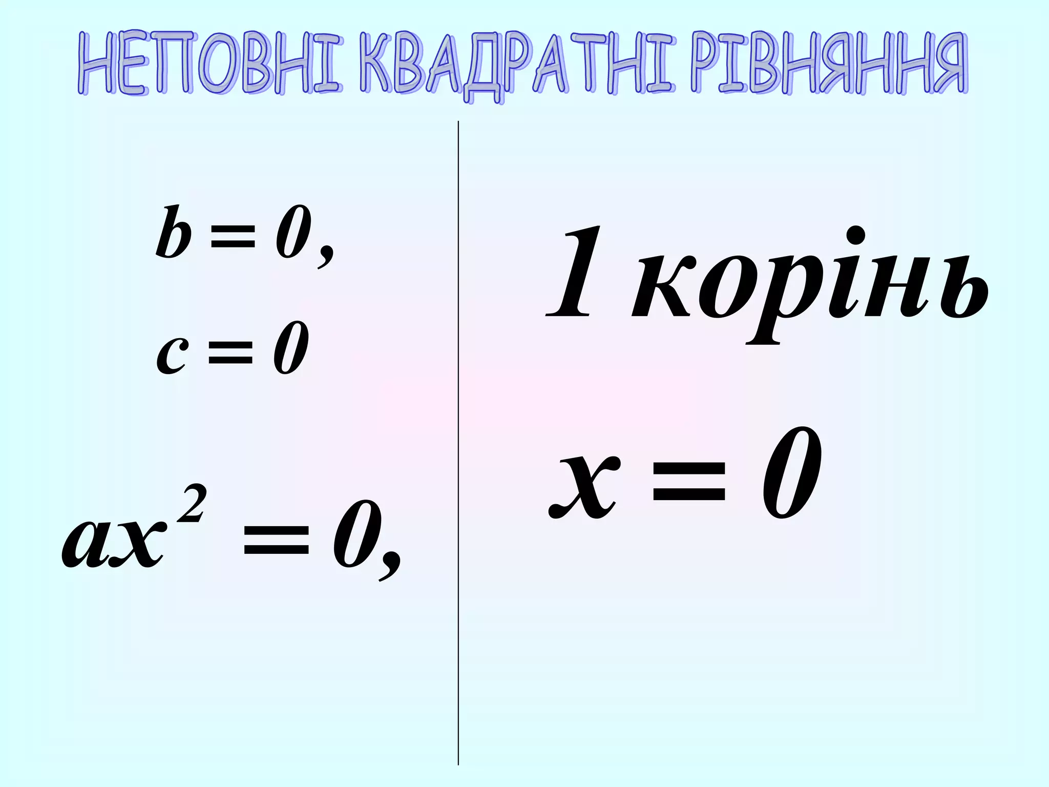 b = 0,
c=0

ax = 0,
2

1 корінь
x=0

 