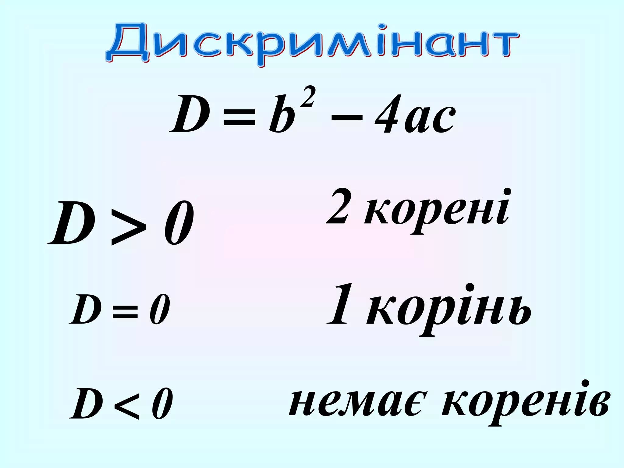 D = b − 4 ac
2

D>0

2 корені

D=0

1 корінь

D<0

немає коренів

 