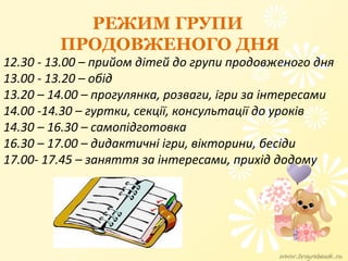 РЕЖИМ ГРУПИ
ПРОДОВЖЕНОГО ДНЯ

12.30 - 13.00 – прийом дітей до групи продовженого дня
13.00 - 13.20 – обід
13.20 – 14.00 – прогулянка, розваги, ігри за інтересами
14.00 -14.30 – гуртки, секції, консультації до уроків
14.30 – 16.30 – самопідготовка
16.30 – 17.00 – дидактичні ігри, вікторини, бесіди
17.00- 17.45 – заняття за інтересами, прихід додому

 