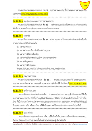 (10)
ตามระเบียบกระทรวงมหาดไทยฯ ข้อ 12 งบประมาณรายจ่ายทั่วไป และงบประมาณรายจ่าย
เฉพาะการ อาจตั้งจ่ายเงินช่วยเหลือระหว่างกันได้
*********************************************************************************************
ข้อ 14 ข้อ ก. รายจ่ายงบกลางและรายจ่ายตามแผนงาน
ตามระเบียบกระทรวงมหาดไทยฯ ข้อ 13 งบประมาณรายจ่ายทั่วไปขององค์กรปกครองส่วน
ท้องถิ่น ประกอบด้วย รายจ่ายงบกลางและรายจ่ายตามแผนงาน
*********************************************************************************************
ข้อ 15 ข้อ ง. ถูกทุกข้อ
ตามระเบียบกระทรวงมหาดไทยฯ ข้อ 17 ประมาณการรายรับขององค์กรปกครองส่วนท้องถิ่น
ประกอบด้วยรายได้ซึ่งจาแนกเป็น
(1) หมวดภาษีอากร
(2) หมวดค่าธรรมเนียม ค่าปรับและใบอนุญาต
(3) หมวดรายได้จากทรัพย์สิน
(4) หมวดรายได้จากสาธารณูปโภค และกิจการพาณิชย์
(5) หมวดเงินอุดหนุน
(6) หมวดรายได้เบ็ดเตล็ด
รายละเอียดประเภทรายได้ ให้เป็นไปตามที่กรมการปกครองกาหนด
*********************************************************************************************
ข้อ 16 ข้อ ข. กรมการปกครอง
ตามระเบียบกระทรวงมหาดไทยฯ ข้อ 18
รายละเอียดประเภทรายได้ และรายจ่ายตาม
งบประมาณรายจ่ายเฉพาะการขององค์กรปกครองส่วนท้องถิ่น ให้เป็นไปตามที่กรมการปกครองกาหนด
*********************************************************************************************
ข้อ 17 ข้อ ค. ถูกทั้ง ข้อ ก.และ
ตามระเบียบกระทรวงมหาดไทยฯ ข้อ 21 การตรางบประมาณรายจ่ายเพิ่มเติม จะกระทาได้เมื่อ
งบประมาณรายจ่ายประจาปีที่ได้รับอนุมัติแล้วไม่พอแก่การใช้จ่าย หรือมีความจาเป็นต้องตั้งรายจ่ายขึ้น
ใหม่ ทั้งนี้ ต้องแสดงให้ปรากฏในงบประมาณรายจ่ายดังกล่าวด้วยว่า จะจ่ายจากเงินรายได้ที่มิได้ตั้งรับไว้
ในประมาณการรายรับ หรือจากเงินรายได้ที่เกินยอดรวมทั้งสิ้นของประมาณการรายรับประจาปี
*********************************************************************************************
ข้อ 18 ข้อ ก. 15 สิงหาคม
ตามระเบียบกระทรวงมหาดไทยฯ ข้อ 23 ให้เจ้าหน้าที่งบประมาณทาการพิจารณาตรวจสอบ
วิเคราะห์ และแก้ไขงบประมาณในชั้นต้นแล้วเสนอต่อคณะผู้บริหารท้องถิ่น
รวมรวมนาเผยแพร่โดย ประพันธ์ เวารัมย์ เจ้าหน้าที่วิเคราะห์นโยบายและแผน 6 ว เทศบาลตาบลนาป่าแซง อ.ปทุมราชวงศา จ.อานาจเจริญ http://valrom2012.fix.gs

 